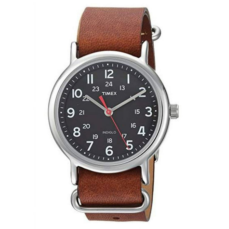 Timex Unisex Tw2r63100 Weekender 38mm Brown Leather Strap Black Face Watch