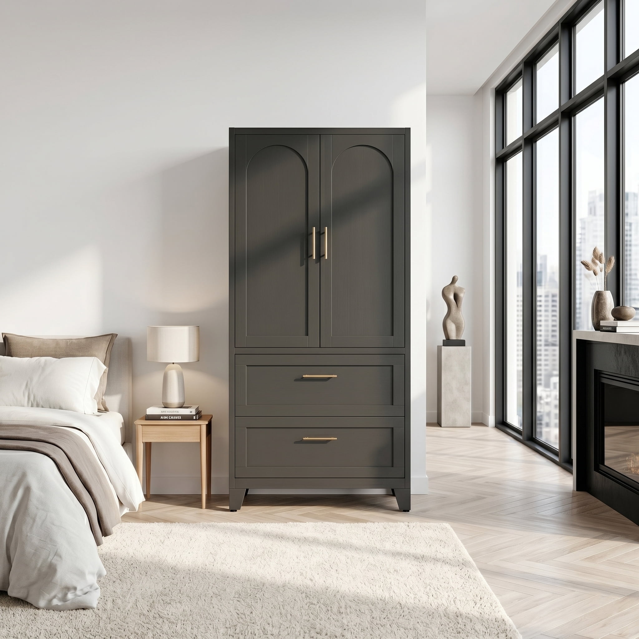 AISWORD 71" Tall Metal Wardrobe Cabinet with 2 Drawer and Hanging Rod, 2 Doors Closet with Adjustable Shelf, Black