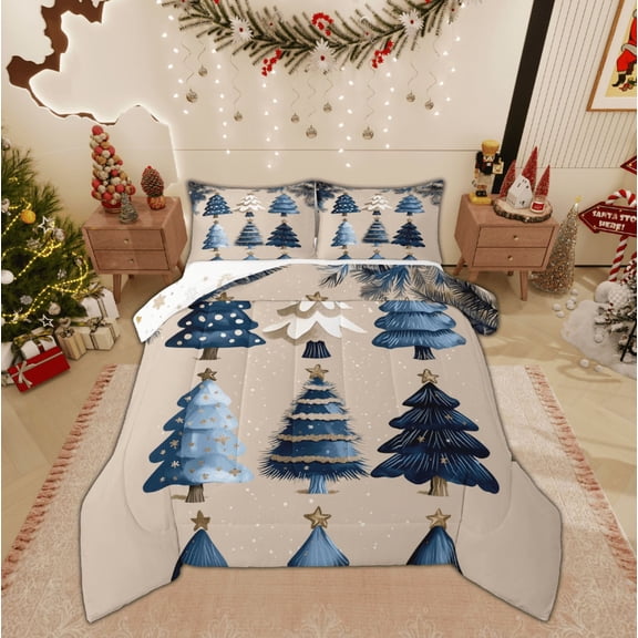 Feelyou Blue Xmas Tree 01, Merry Christmas Twin Comforter Sets, Princess Fairy Tale Reversible Bedding Set, Breathable Home Decor,2-Piece