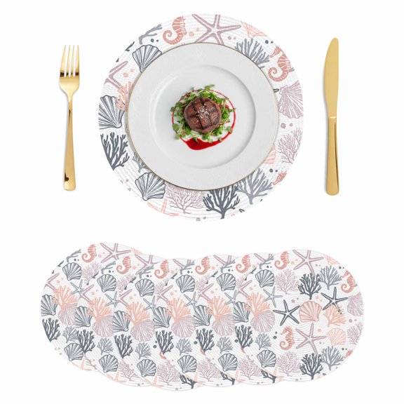 Coastal Ocean Round 13 Inch Placemats Set of 6, Green Pink Coral Starfish Seahorse Shell HeatResistant Non Slip Place Mats for Dining Table, Wipeable Braided Kitchen Table Mats for Housewarming