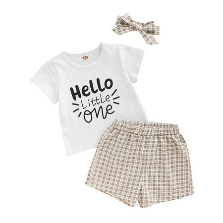 

OLLUISNEO Infant Baby Girls Summer Shorts Outfits Crew Neckline Short Sleeve Pattern Print Top Plaid Elastic Shorts 2 PCS Set 18-24 Months