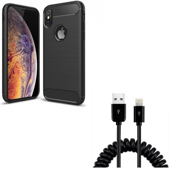 USB Cable w Case for iPhone XS/X - Coiled Charger Cord Power Sync, Carbon Fiber Slim Fit Cover Reinforced Bumper Shock Absorbent for iPhone XS/X