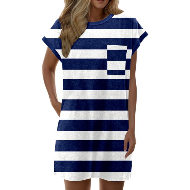 Vestido informal de verano con estampado de rayas para mujer - Vestido de playa holgado de manga corta y cuello redondo con bolsillos - Mezcla transpirable hasta la rodilla