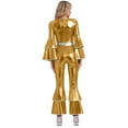thumbnail image 5 of YiZYiF 70s Disco Costumes for Womens Metallic Shiny Jumpsuits Tiered Flare Sleeve Bell Bottoms Romper Gold XL, 5 of 7