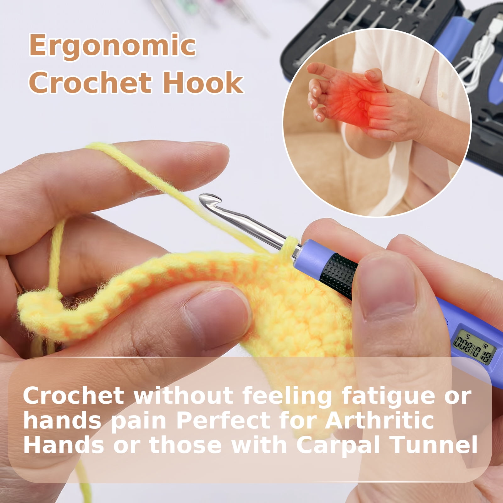 Counting Crochet Hook Set Digital,Ergonomic Crochet Hooks with LED Light and Digital Stitch Counter, Beginner Knitting Kit with 18 Interchangeable Crochet Hooks