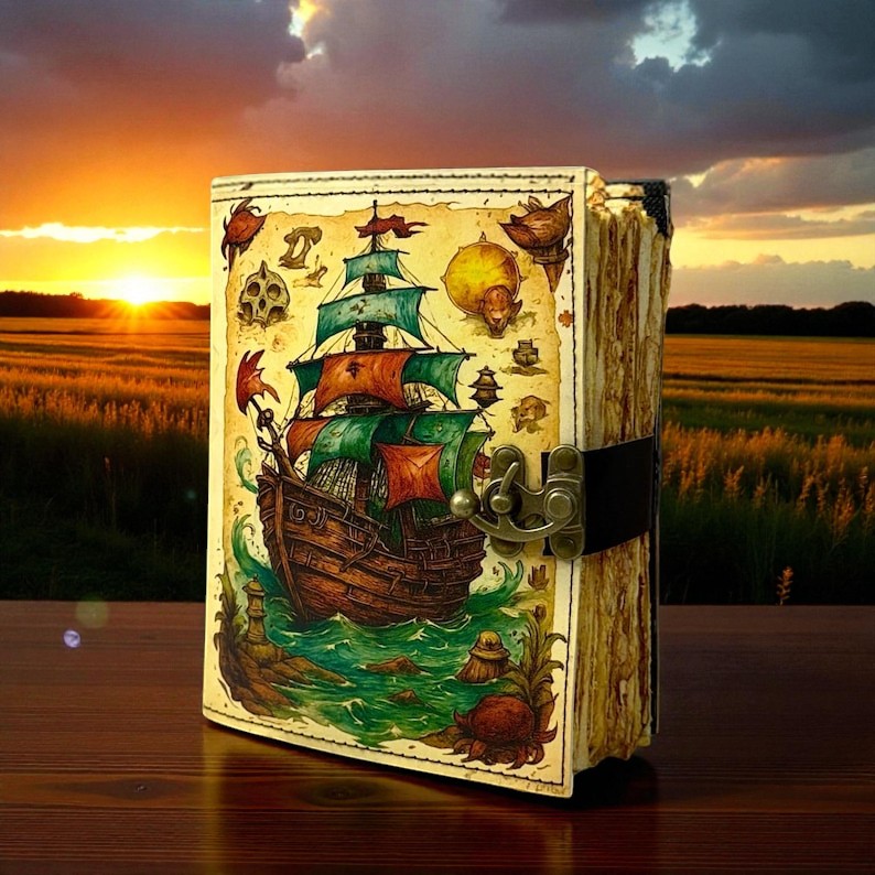 Handmade Leather Journal with Vintage Ship Artwork – 5x7 Inch Writing Notebook, 200 Handmade Deckle Pages, Antique-Style Lock, Travel Diary & Gift