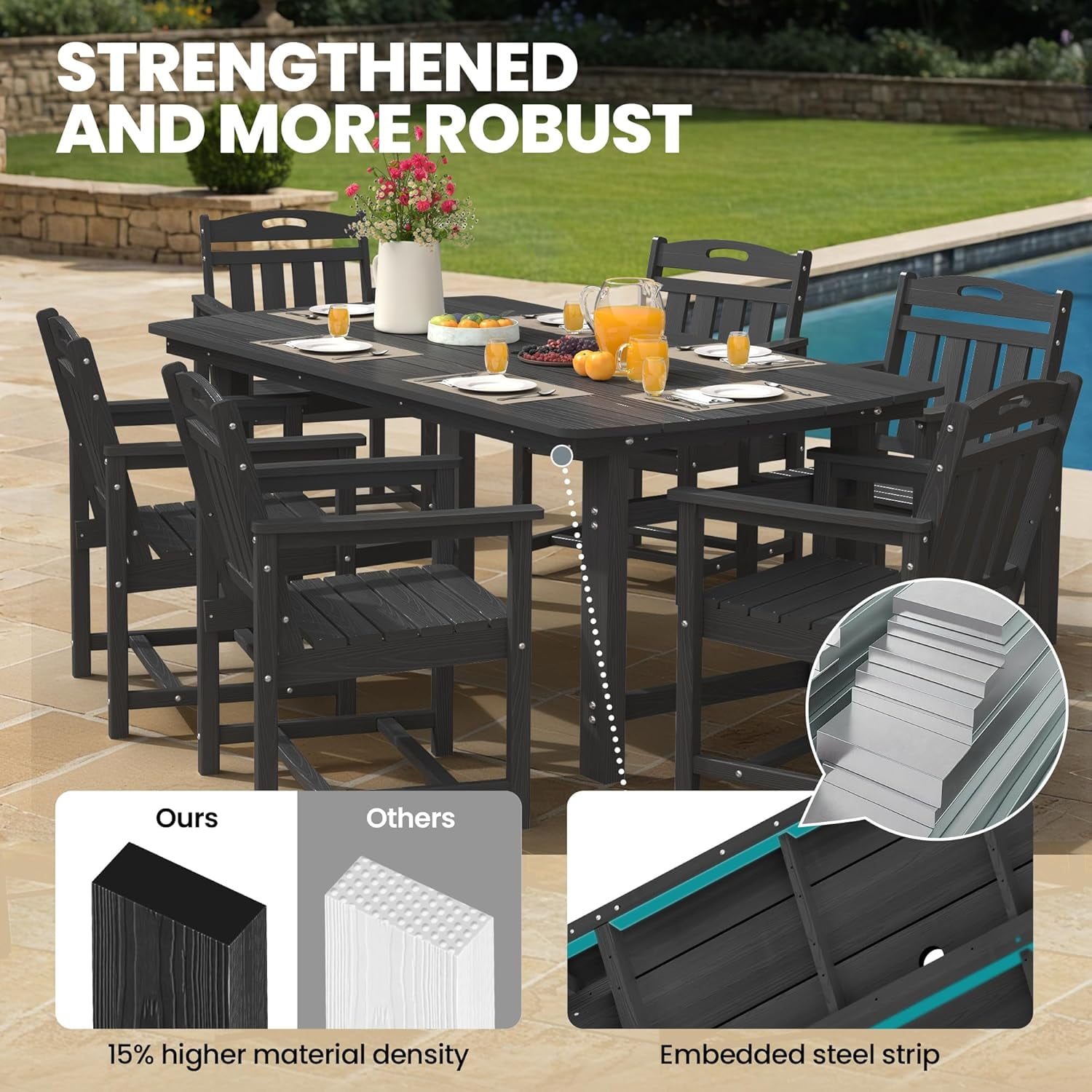 Harbweb 6-Person Weather Resistant Patio Dining Table with Umbrella Hole, Black