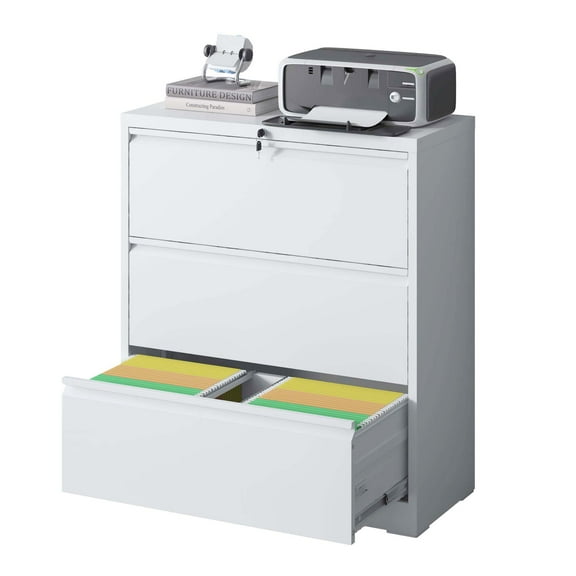 Lateral File Cabinet 3 Drawer, White Filing Cabinet with Lock, Lockable File Cabinet for Home Office, Locking Metal File Cabinet for Legal/Letter/A4/F4 Size