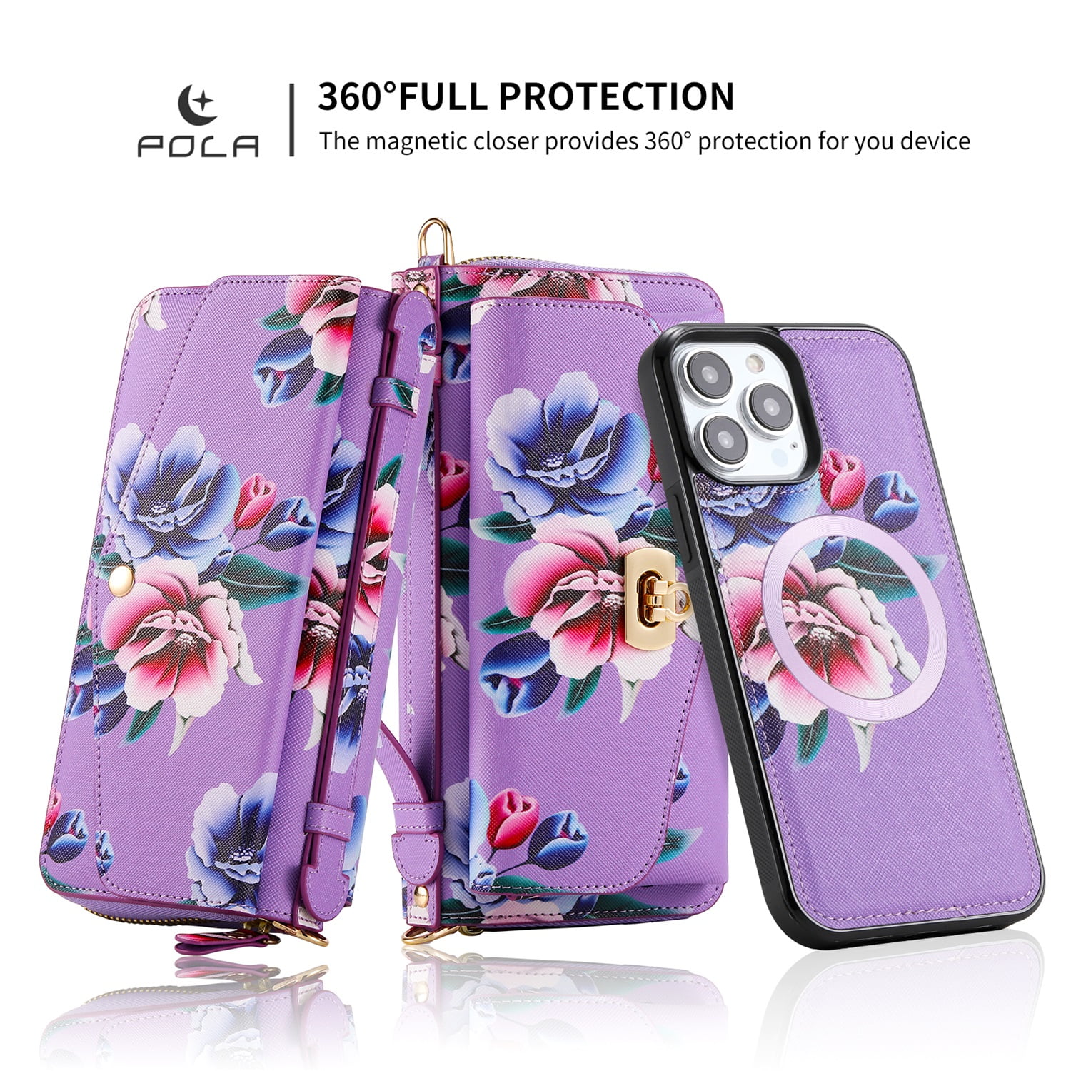 SaniMore Magnetic Detachable Wallet Case for iPhone 13 Pro Max, Flower Pattern RFID Blocking Cover Support Wireless Charging Card Slot Shoulder & Wrist Strap 360° Full Protective Shell, Purple