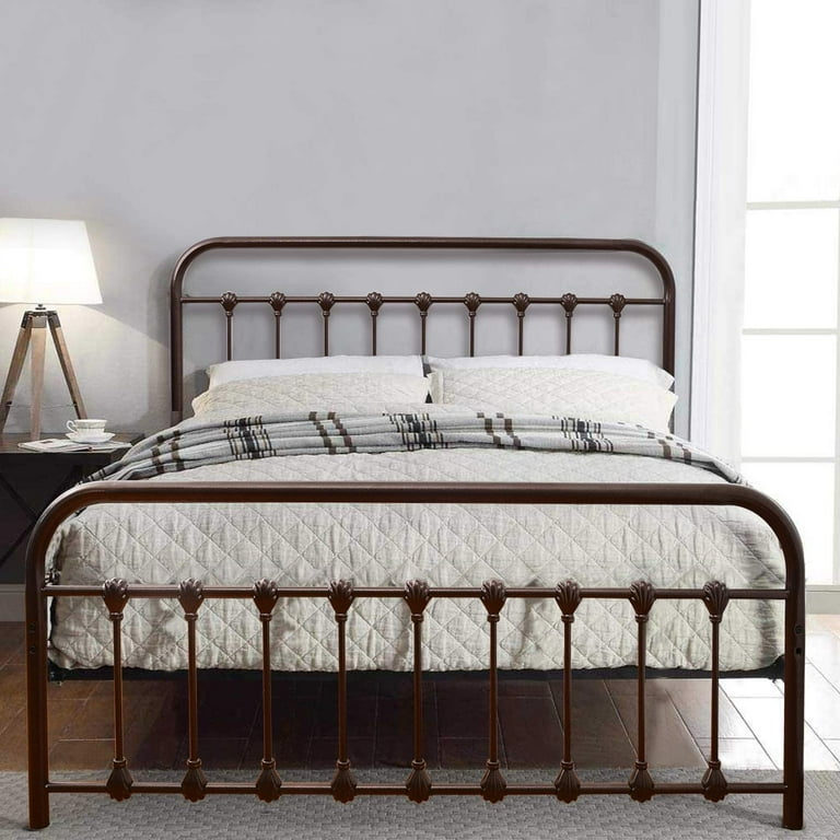 Queen Size Metal Bed Frame Platform with Headboard and Footboard Brown Finish