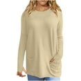 thumbnail image 2 of Womens Tops Long Sleeve Solid Round Neck Pocket Blouse Khaki XXXXXL, 2 of 6