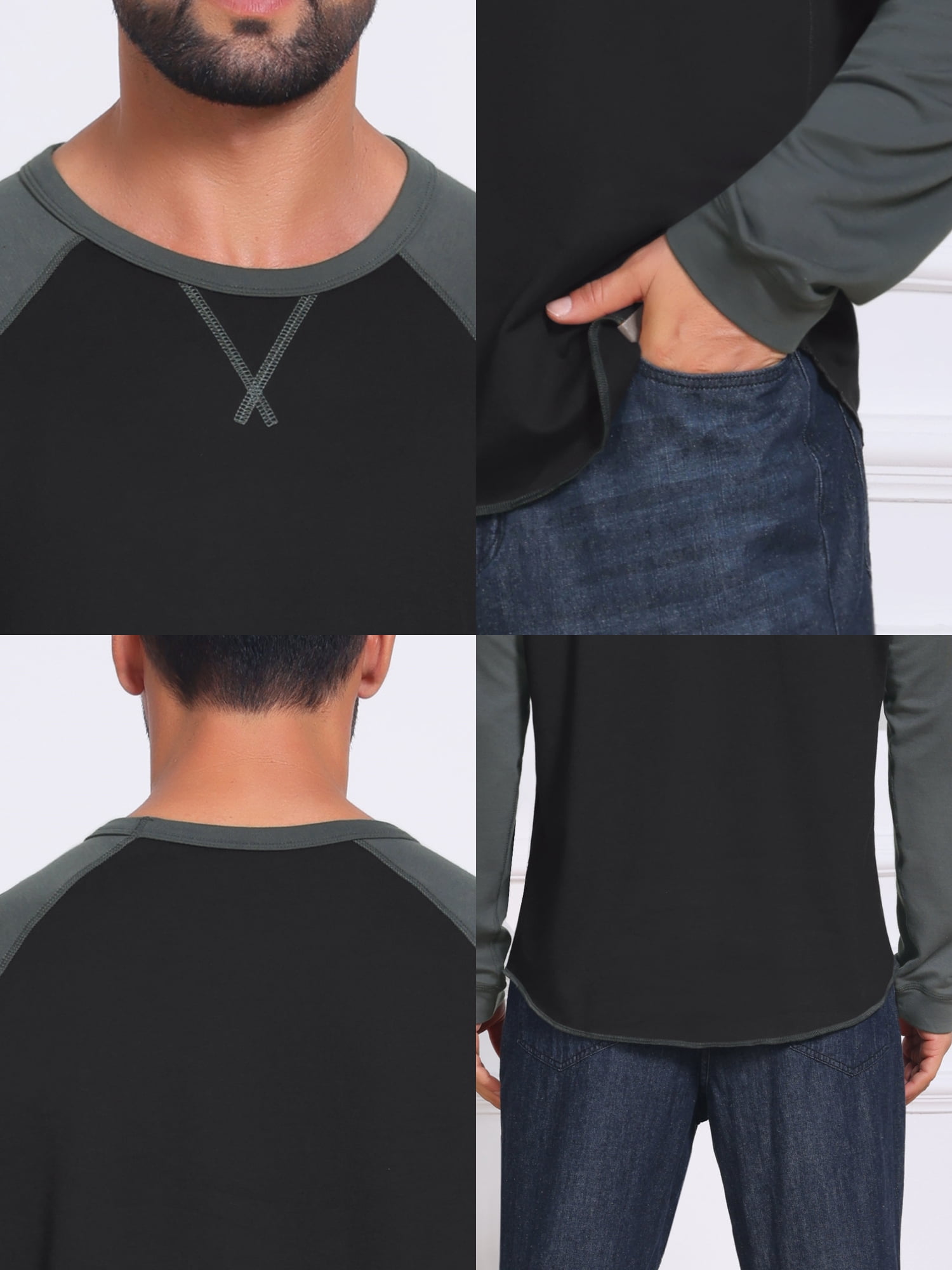 DARING DIVA Men's Long Sleeve Color Block Casual Raglan T-Shirt S Gray Black