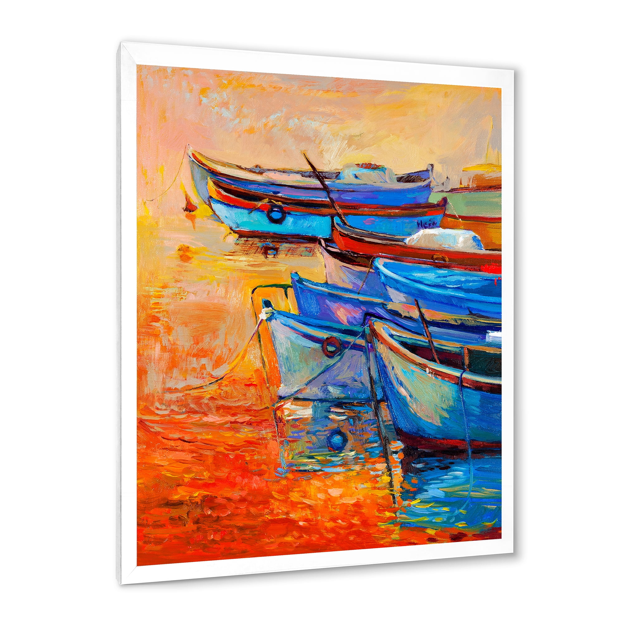 Boats During Warm Sunset Resting On The Water VIII 24 in x 32 in Framed Painting Canvas Art Print, by Designart