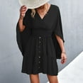 thumbnail image 2 of Women's Wrap V Neck Butterfly Sleeve Mini Dress Tie Back High Waist Button Plain A Line Dress Pleated Swing Tunic Dress, 2 of 6
