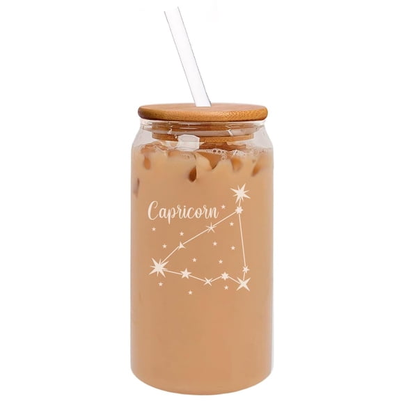 16oz Can Shaped Glass Iced Coffee Cup with Bamboo Lid and Straw Gift Star Zodiac Horoscope Constellation (Capricorn)