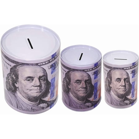 3-Pack $100 Bill Print Piggy Bank – Tall Metal Coin Bank, Durable Reusable Tin Money Saving Jar, Novelty Gift