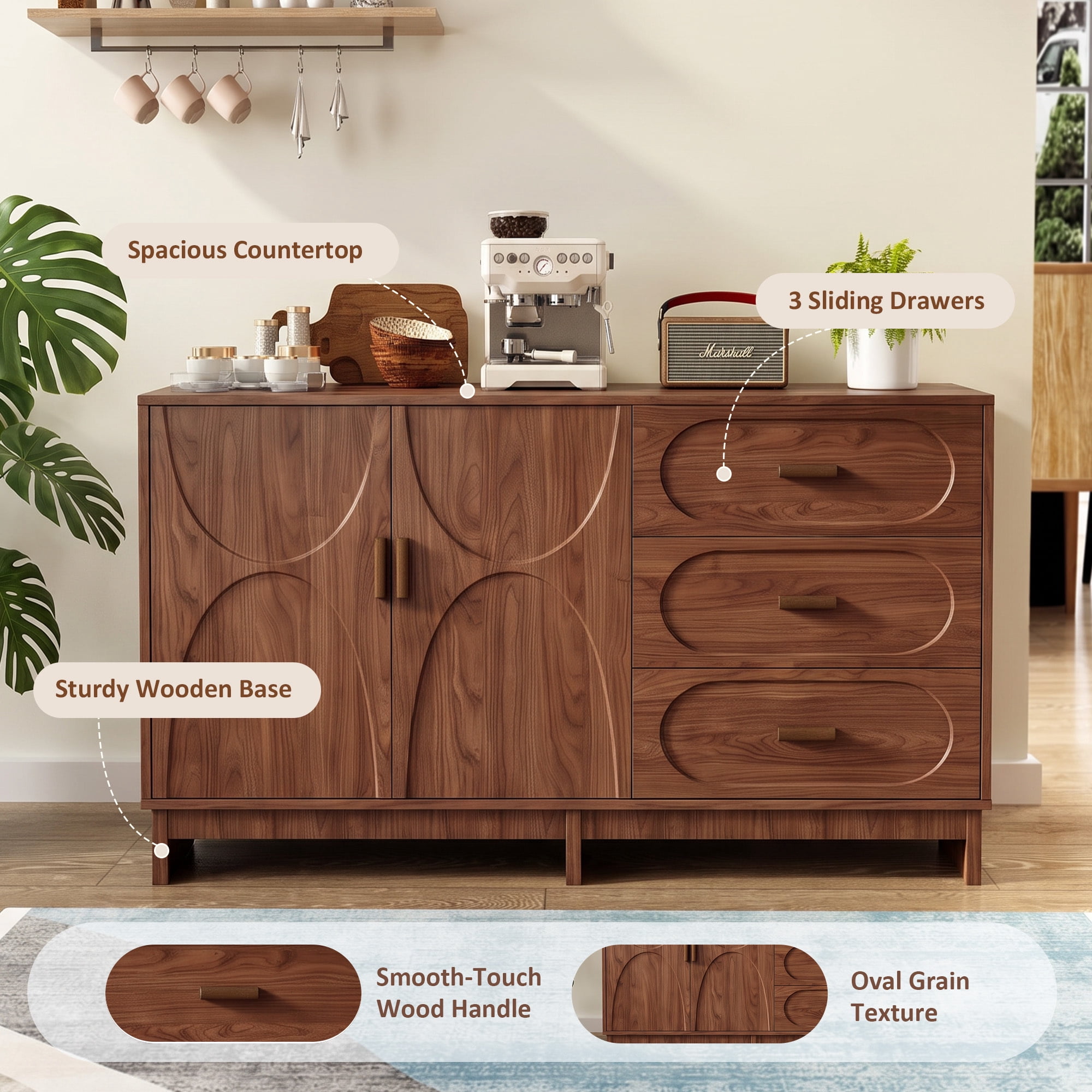 Leumius 59.1" Buffet Sideboard with 2 Doors and 3 Drawers, Walnut Finish with Oval Grain Texture, Farmhouse Storage Cabinet for Dining Room Living Room Hallway