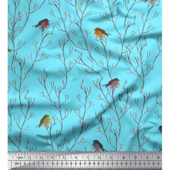 Soimoi Blue Cotton Cambric Fabric Branch & Flycatcher Bird Print Fabric by Yard 42 Inch Wide