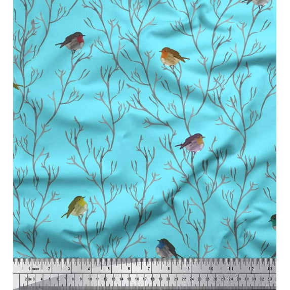 Soimoi Blue Cotton Poplin Fabric Branch & Flycatcher Bird Printed Fabric 1 Yard 42 Inch Wide