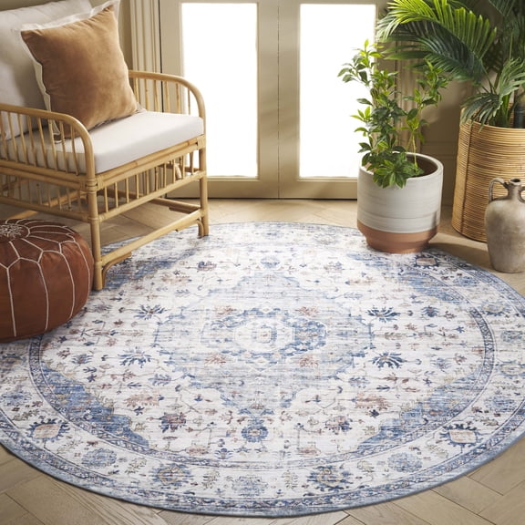 Safavieh Arizona Asa Medallion Polyester Machine Washable Area Rug, Light Blue/Ivory, 4' x 4' Round