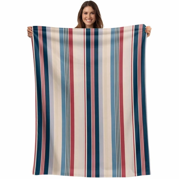 Blue Red Striped Blanket Soft Cozy Warm Throw Blanket for Couch, Plush Fuzzy Flannel Fleece Blankets for Sofa, Modern Stripes Art Farmhouse Bed Blankets Lightweight Gifts for Women, 30"x40"
