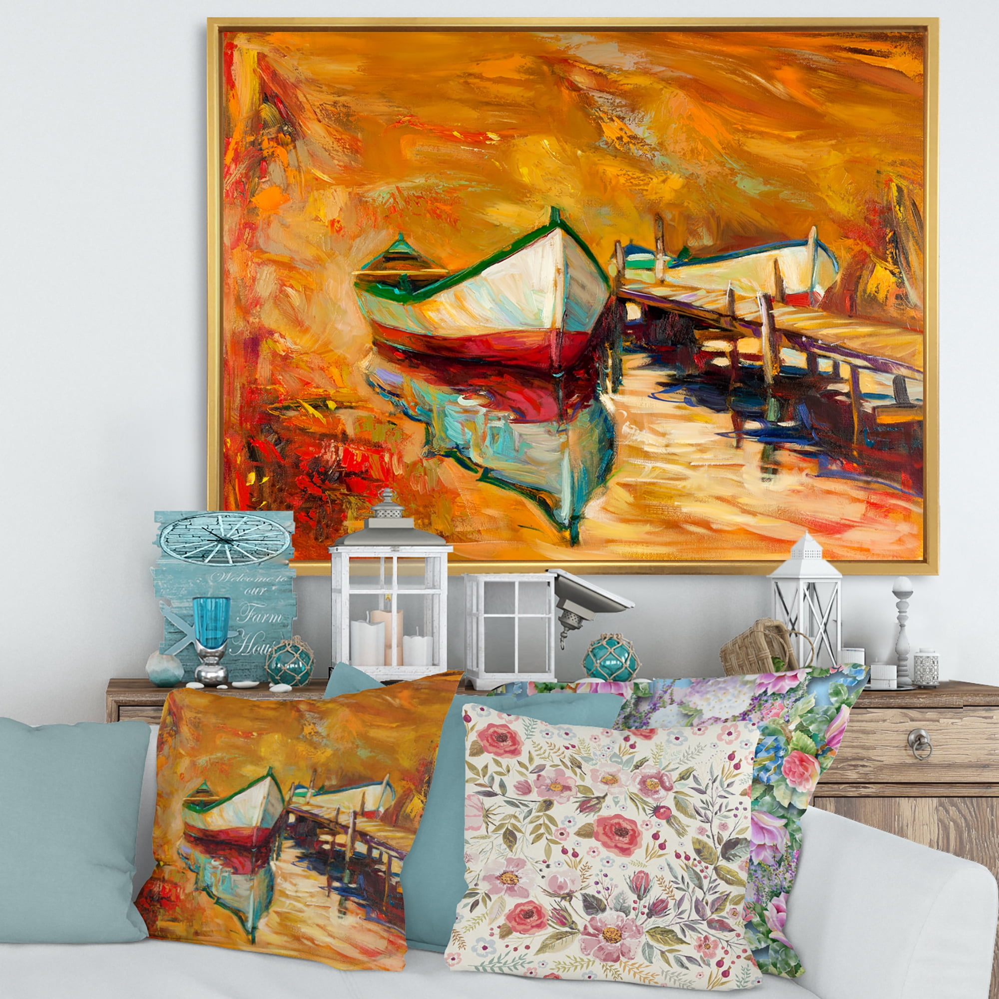 Designart 'Red and White Boats By The Pier' Nautical & Coastal Framed Canvas Wall Art Print