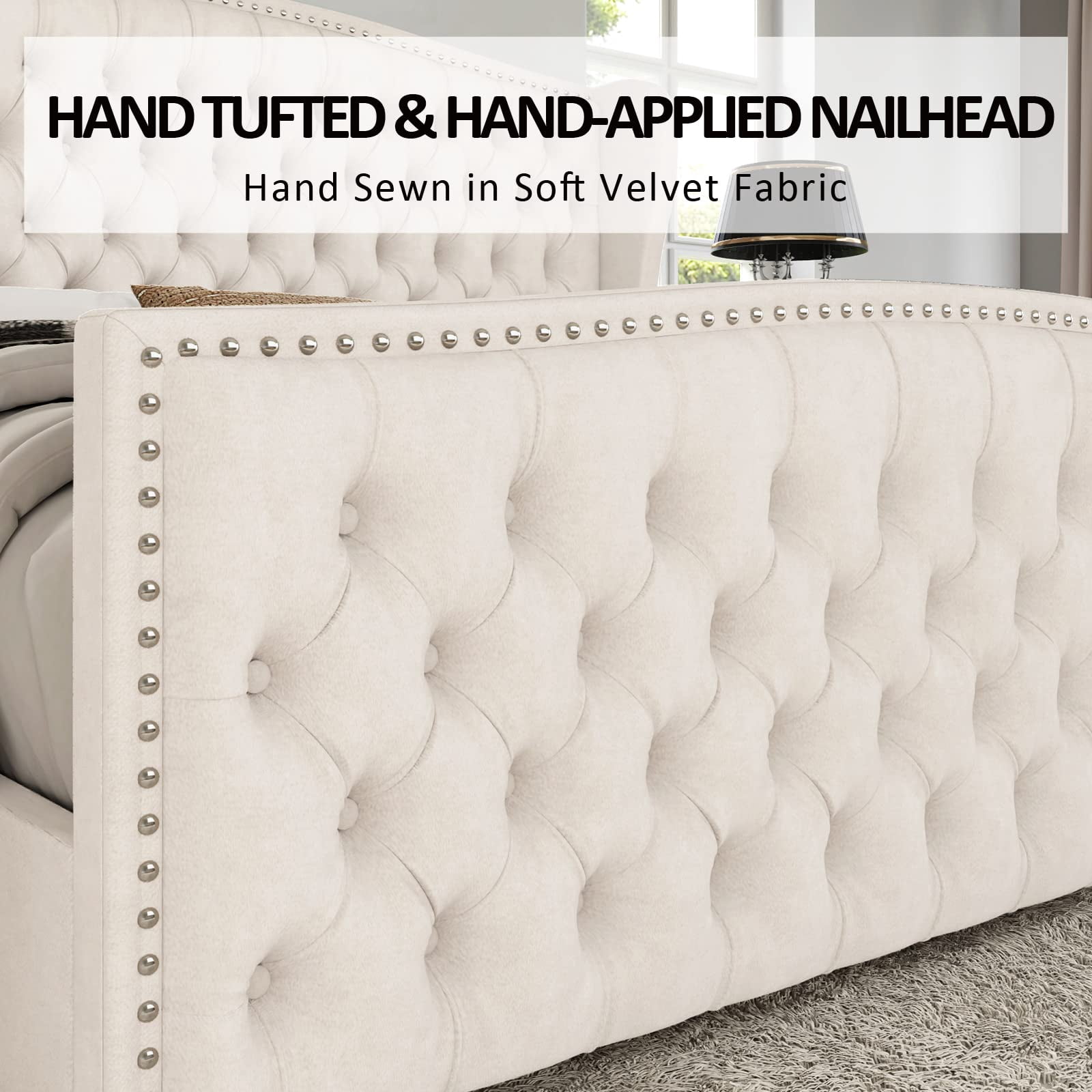 Merluxy California King Size Platform Bed Frame, Velvet Upholstered Bed with Deep Button Tufted & Nailhead Trim Wingback Headboard, Cream
