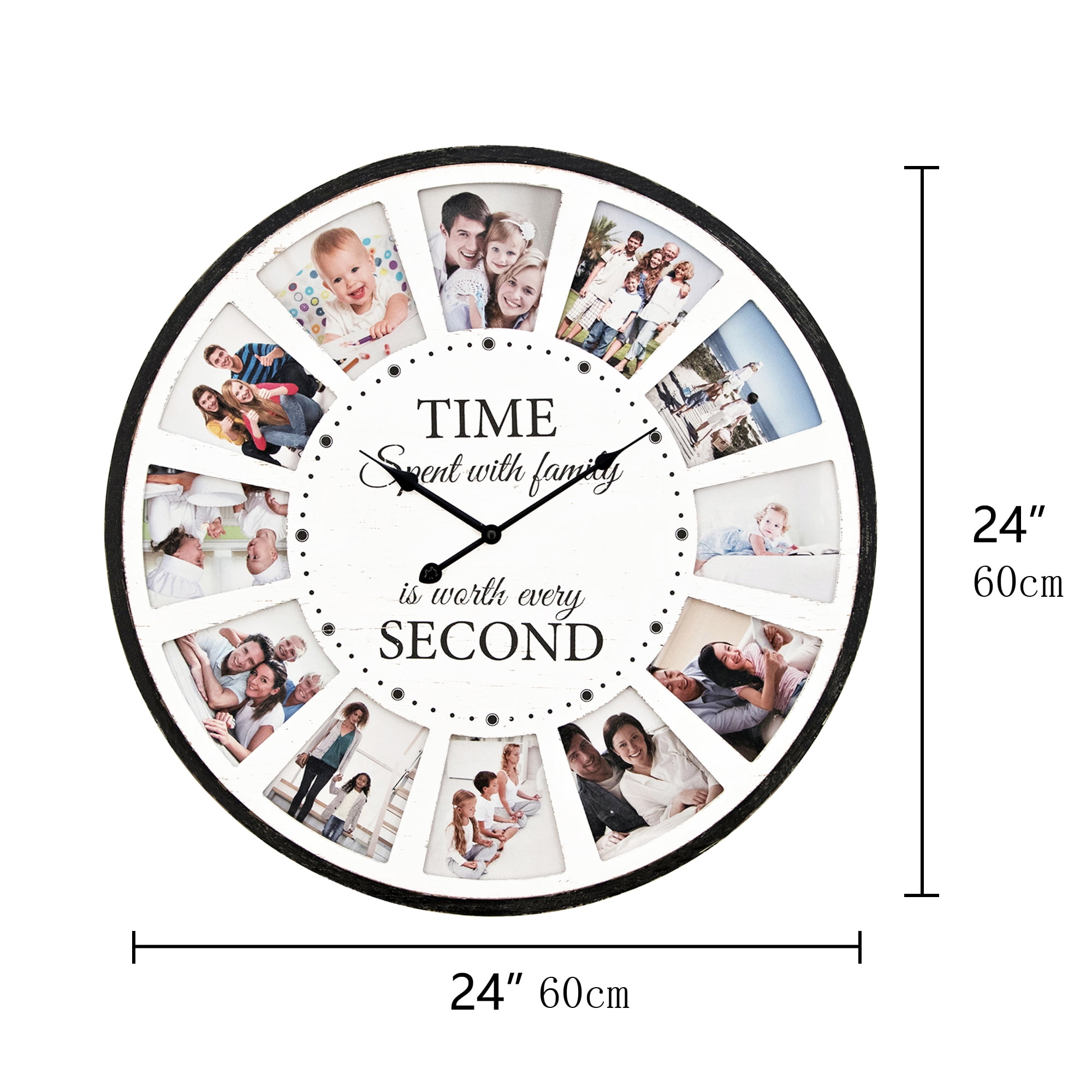 MODE HOME 12 Photo Collage Family Quote Wood Wall Clock, Rustic Farmhouse Wall Clock, Large Oversized Wall Clock for Home, Kitchen, Living Room, Silent Battery Powered 24 inch White
