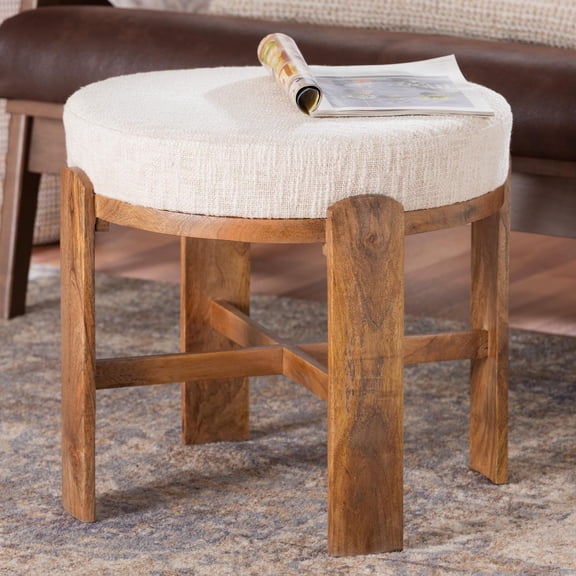 Baxton Studio Whitfield Round Fabric Ottoman Stool - Modern Accent Seating or Footstool with Upholstered Cushion and Mango Wood Frame for Living Room, Bedroom, or Lounge Seating