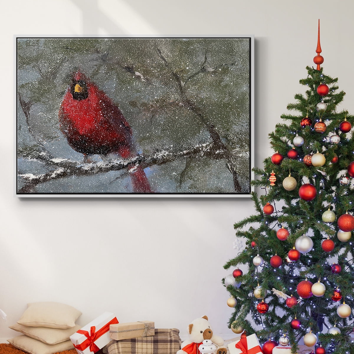Cardinal in Snow I - Framed Gallery Wrapped Holiday Canvas - 25 x 37 - White Frame