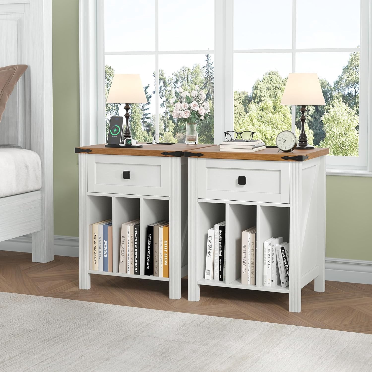 VEANERWOOD Nightstand with Drawers and Charging Station, Farmhouse Vinyl Record Storage Cabinet End Table for Bedroom Living Room