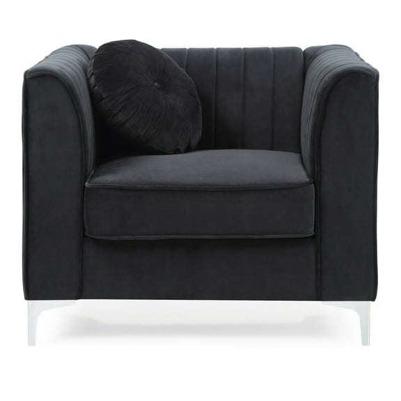 Delray Black Vertical Channel Quilted Accent Chair with Round Throw Pillow