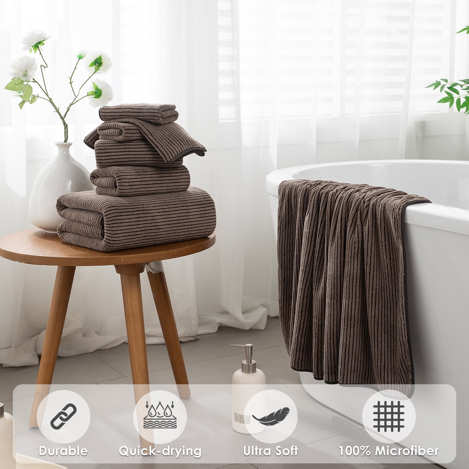 Smuge 8 Piece Extra Large Bath Towel Sets, 2 Large Bath Towels , 2 Hand Towels, 4 Washcloths, Soft Microfiber, Quick Dry, Highly Absorbent Oversized Bath Towels for Bathroom Kitchen Spa(Dark Coffee)