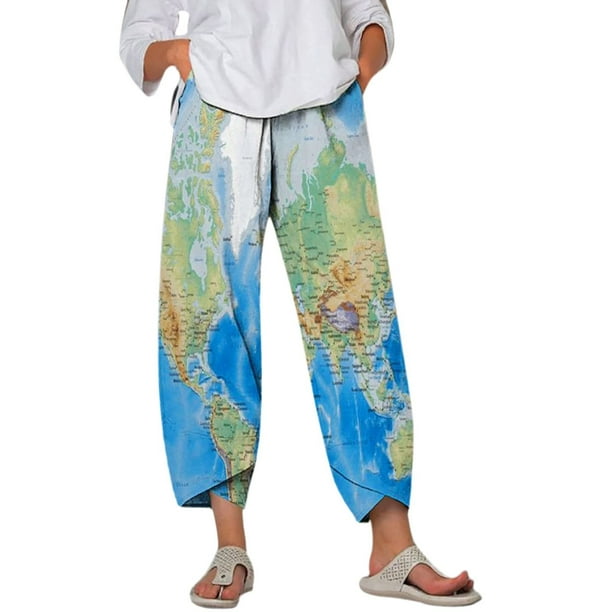 Summer Capri Pants for Women, Women's Linen Cropped Pants Casual Loose High  Waist Print Pocket Ankle Capris Trousers
