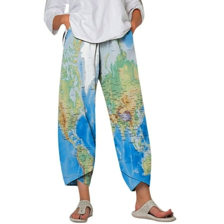 

Dadaria Linen Pants for Women High Waist Set Elastic Waist Pants Floral Print Wide Leg Pants Cotton Linen Crop Pants Athletic Trousers With with Pocket Blue XXL Female