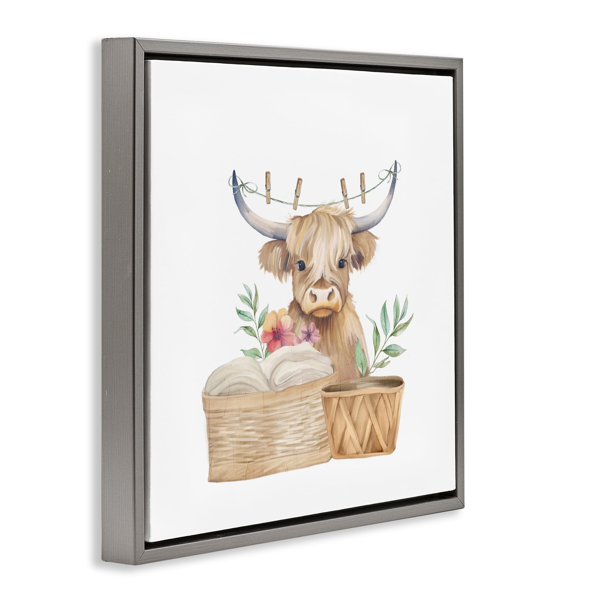 Laundry Day Baby Cattle Gray Framed Floater Canvas Wall Art, design by Kim Allen