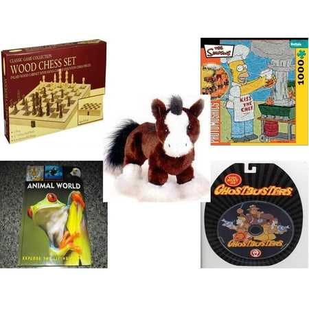 Children's Gift Bundle [5 Piece] -  Classic Wood Folding Chess Set  - Robert Silvers Photomosaics Homer Simpson  - Webkinz Clydesdale Horse  9