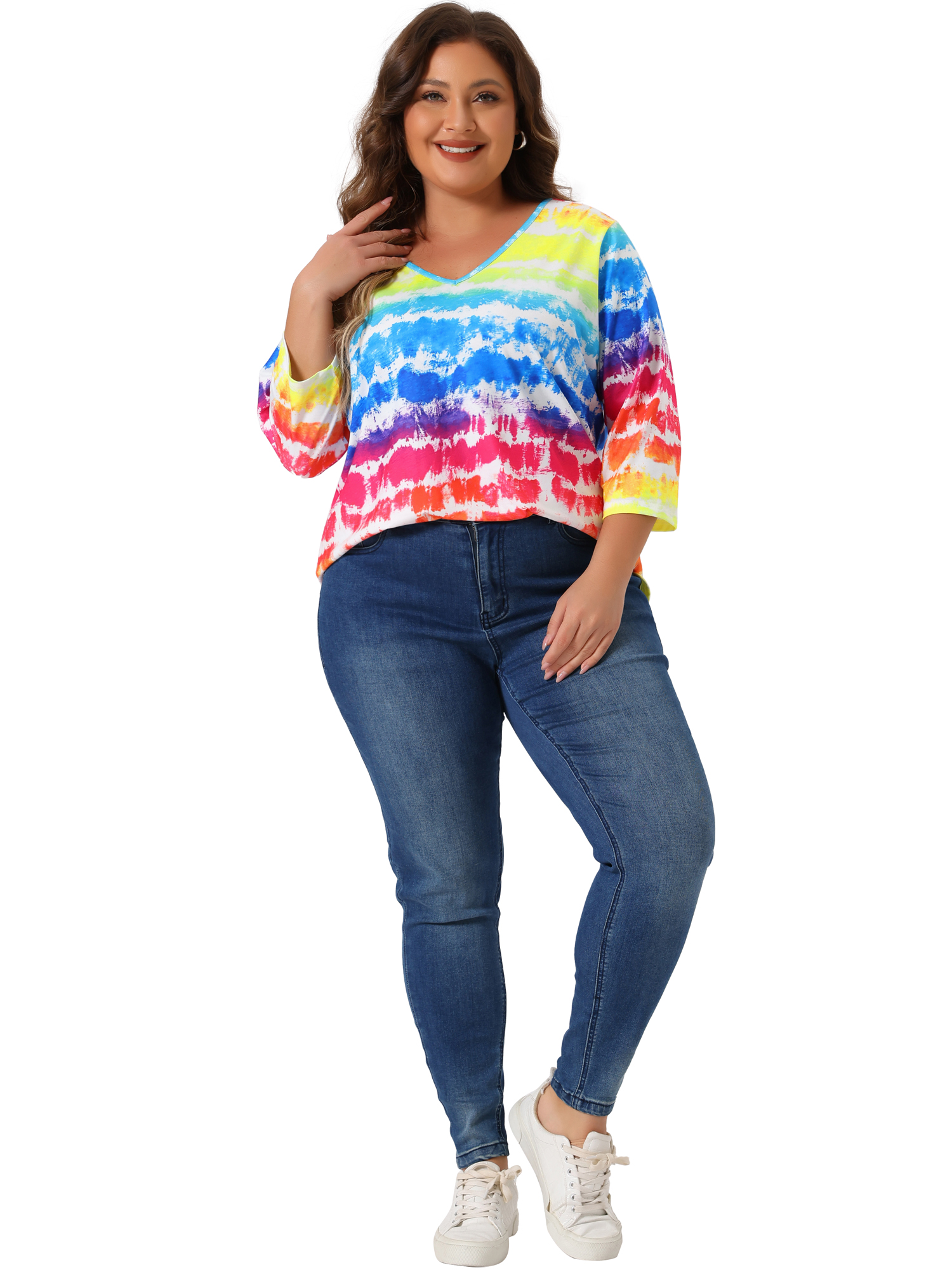 Unique Bargains Women's Plus Size V Neck 3/4 Sleeve Striped Tie Dye Blouse 1X Rainbow