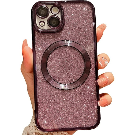 Compatible with iPhone 15 Magnetic Glitter Case, Luxury Plating Cute Bling Clear Phone Case, Compatible with MagSafe for Women Girls with Camera Protector Back Cover - Purple