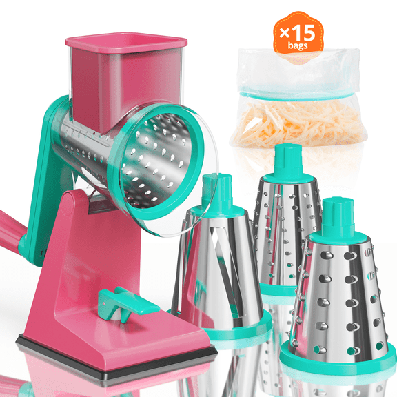 3 in 1 Cheese Grater, Cheese Grater Rotary with Storage Bag, Cheese Shredder for Fresh Cheese, Vegetable, Nuts, Non-slip Suction Base, Hot Pink & Green