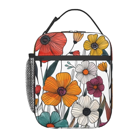 Bold Outline Doodle Floral Lunch Box Reusable Portable Lunch Bag Tote Bag for Work Picnic Hiking