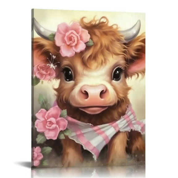 BCIIG Baby Cow Pink Flower Aesthetic Poster & Print Wall Painting for Home Office Decor, Canvas Prints Wall Art Living Room Bedroom Farmhouse Decorations 12x16 in