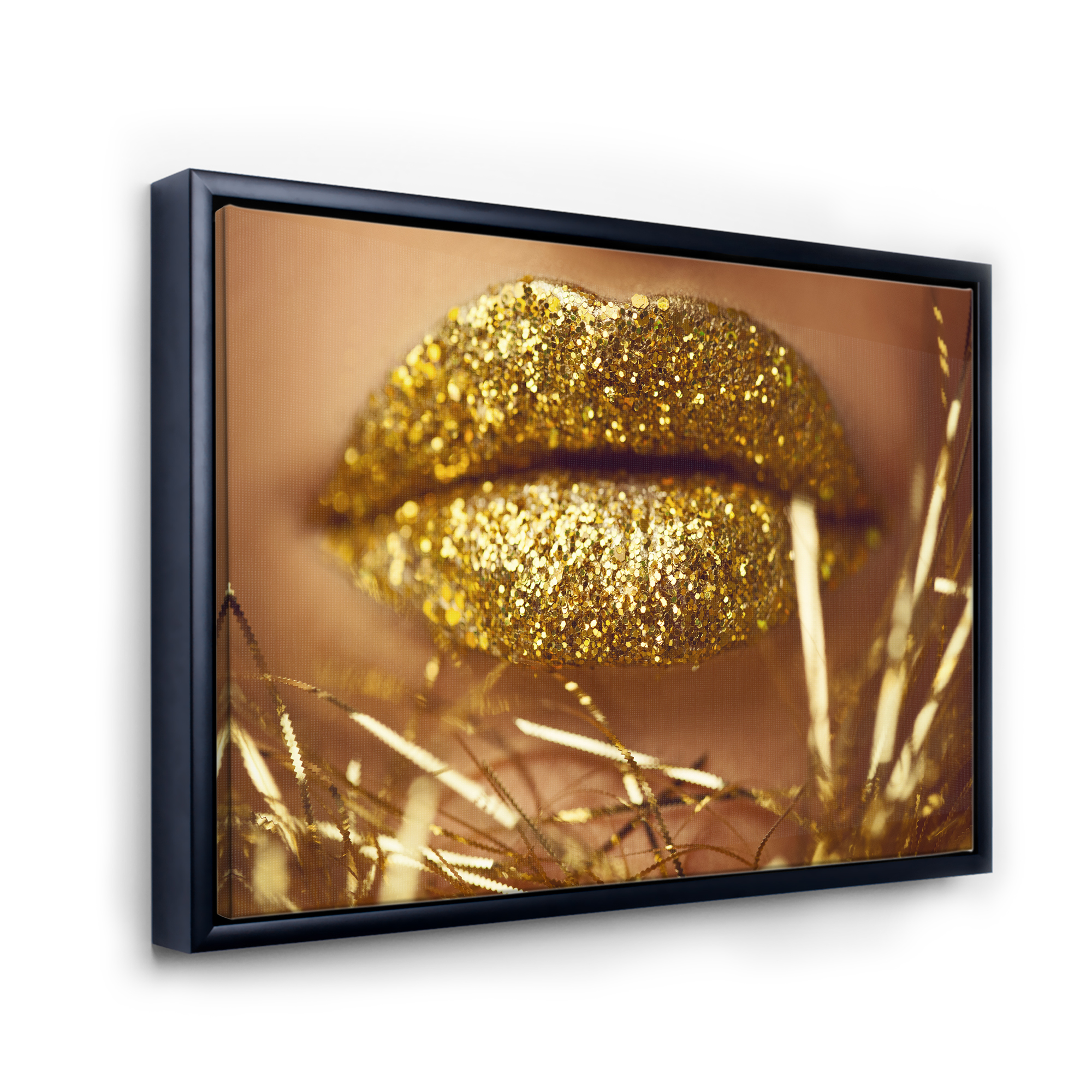 Golden Female Lips 32 in x 24 in Framed Photography Canvas Art Print, by Designart