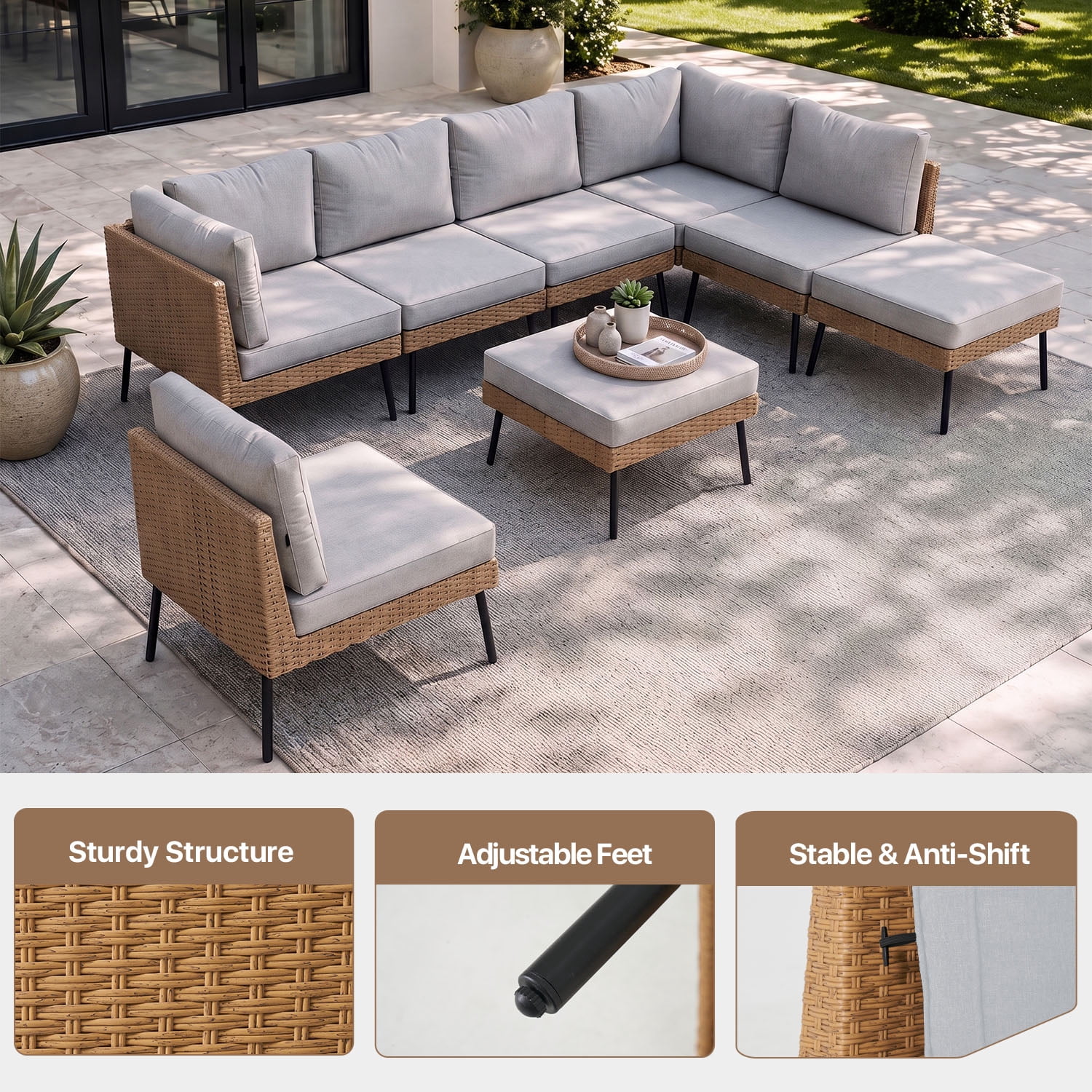 BaPiPro 8-Piece Modular Outdoor PE Rattan Sectional Sofa Set, All Weather Patio Furniture with Removable 4" High Density Cushions & 2 Multifunctional Ottomans for Backyard Garden Courtyard, Gray