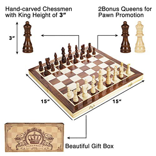 Magnetic Wooden Chess Set 15"×15" Wood Board Hand Carved Crafted Pieces Folding 