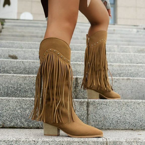 Miluxas Women Fringe Cowboy Boots Square Toe Mid Calf Embroidered Western Boots,Tassel Cowgirl Boots Stacked Heel Retro Boots Brown 9.5(43)