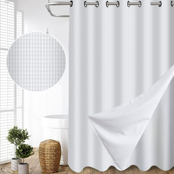Canadian Linen Hookless Shower Curtains Mildew Water Resistant Washable Polyester Bathtub C-Clip Magnet Bottom Shower Curtains with Liner for Bathroom