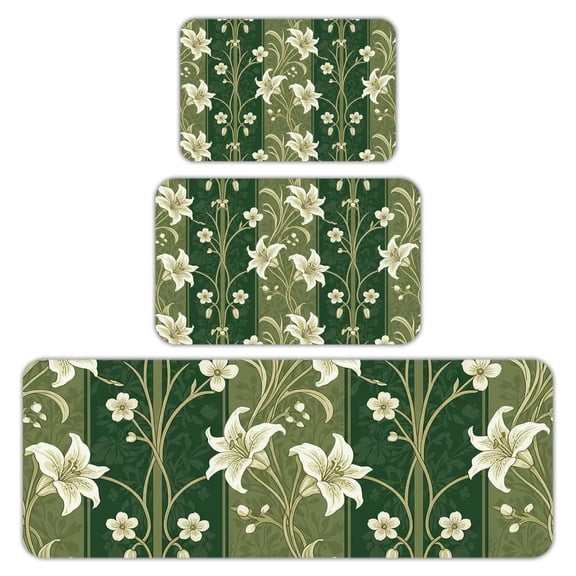 RKSupls Kitchen Rug Set 3 Piece Anti-Slip Flannel Floor Mats, Sage Green Flower Washable Absorbent Runner Mats for Kitchen Bathroom Home Decor