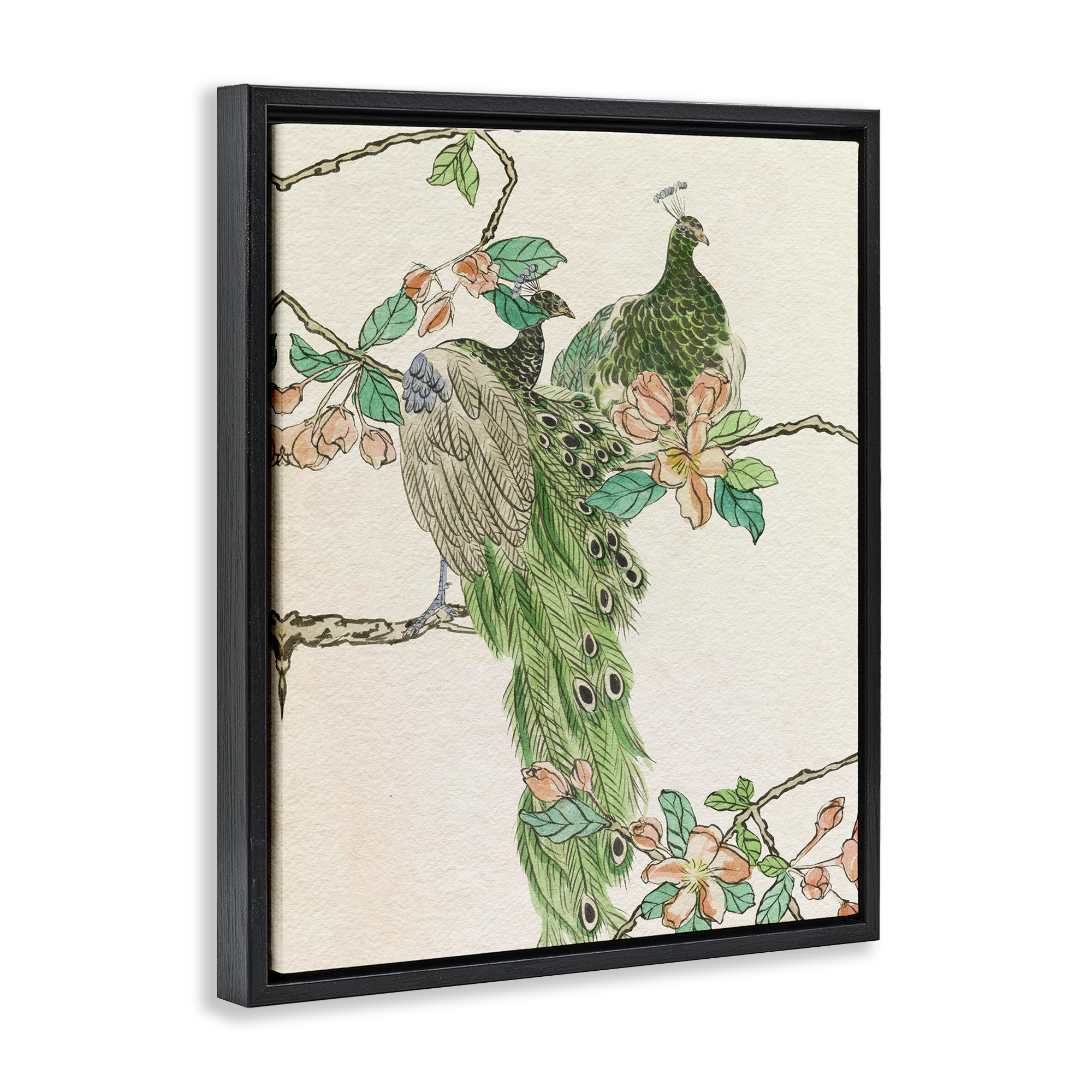 Stupell Industries Traditional Floral Peacock Animals & Insects Painting Black Floater Framed Canvas Art Print Wall Art, 25 x 31