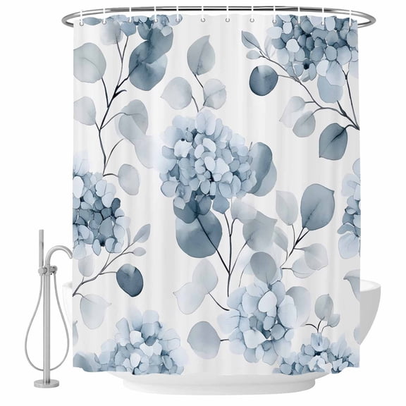 Blue Hydrangeas Flowers Fabric Shower Curtain Leaves Plant Washable Shower Curtains for Bathroom, Waterproof Bath Curtain with Hooks Home Decor 72x72in